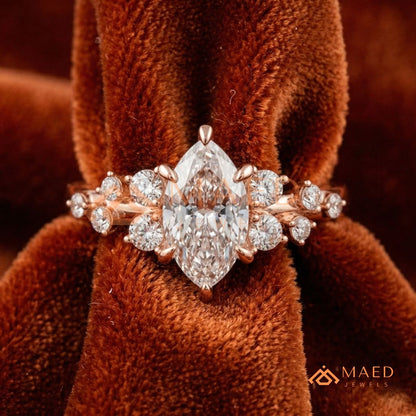 Vintage Marquise Cut Cluster Engagement Ring in 14K Gold, Rose Gold & Silver