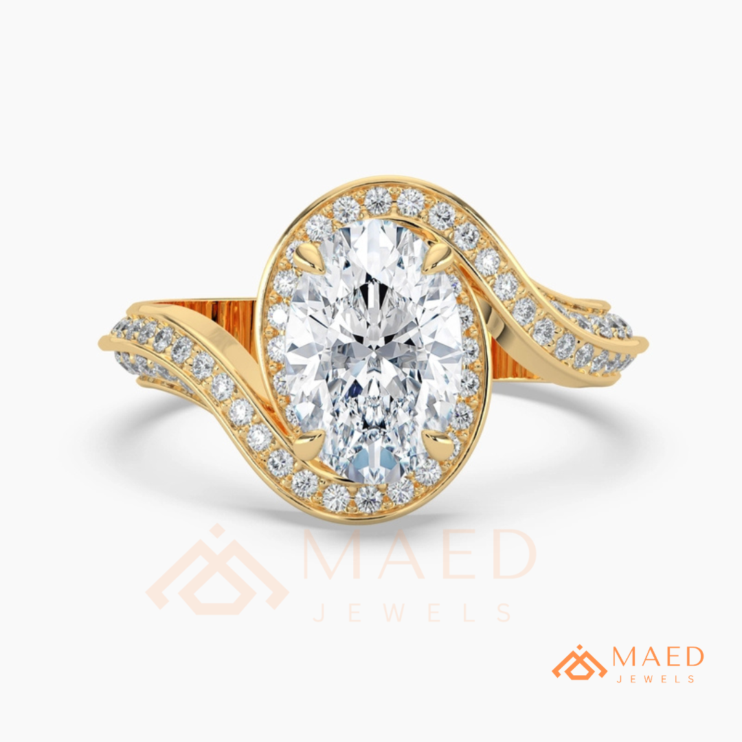 Oval Cut Bypass Halo Engagement Ring | Swirl Pavé Band in 14k Gold, Rose Gold & Silver