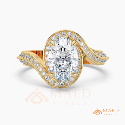 Oval Cut Bypass Halo Engagement Ring | Swirl Pavé Band in 14k Gold, Rose Gold & Silver