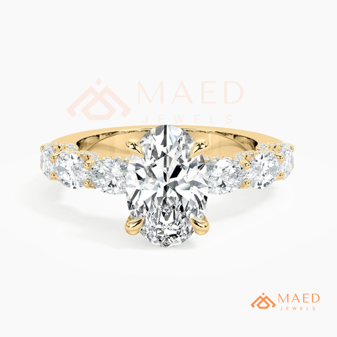 Oval Cut Engagement Ring with Large Round Accent Band | 14K Gold & Silver Shared Prong