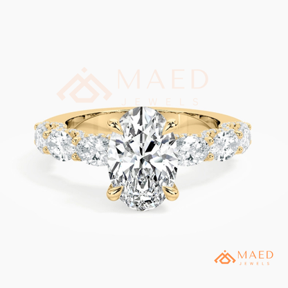 Oval Cut Engagement Ring with Large Round Accent Band | 14K Gold & Silver Shared Prong