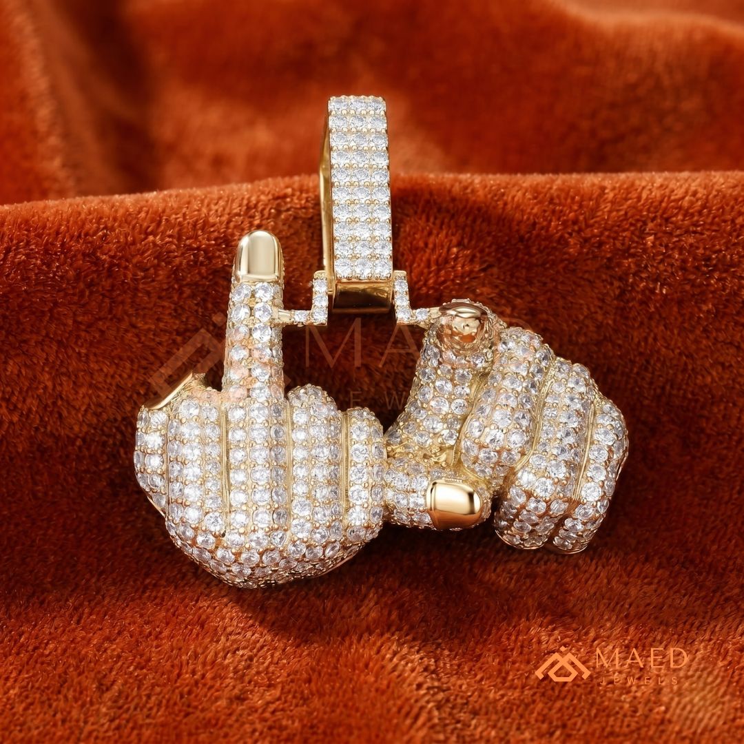 Ice Out Middle Finger Hand Gesture Pendant – Bold Statement Streetwear Jewelry