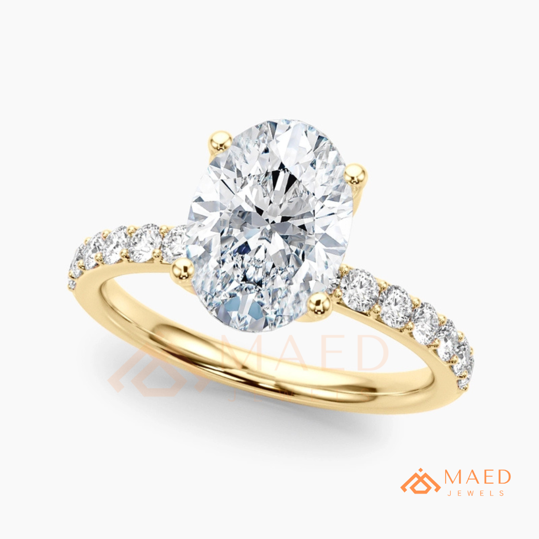 Oval Cut Engagement Ring with Pavé Band | Classic 4-Prong Promise Ring for Women | 14K Gold, Rose Gold & Sterling Silver