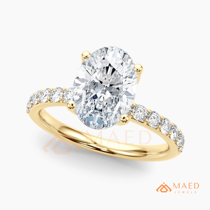 Oval Cut Engagement Ring with Pavé Band | Classic 4-Prong Promise Ring for Women | 14K Gold, Rose Gold & Sterling Silver