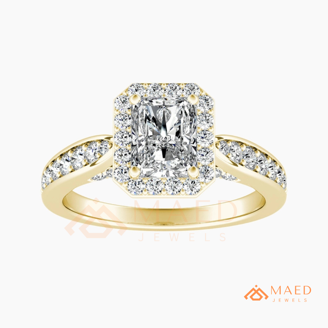 Radiant Cut Rectangular Halo Engagement Ring with Twisted Pavé Band