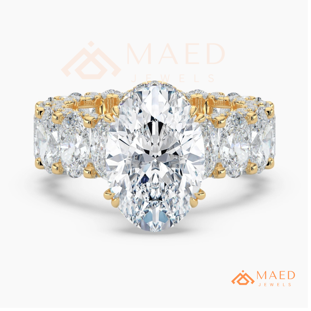 Elongated Oval Cut Engagement Ring with Full Oval Eternity Band | 14k Gold & Silver