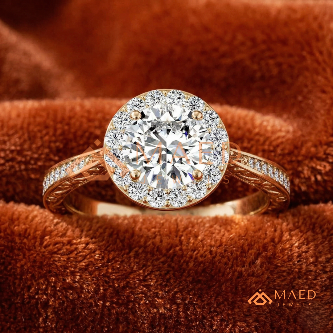 Vintage Milgrain Halo Diamond Simulant Ring in 14K Yellow Gold, Rose Gold & Silver