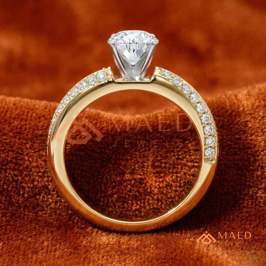 Round Brilliant Cut Ring with Double Row Pavé Band | 14k Gold, Rose Gold & Silver