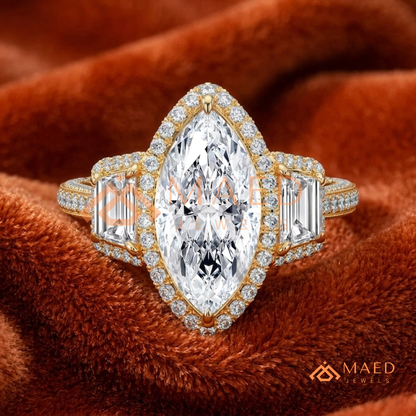 Vintage Marquise Cut 3-Stone Halo Ring with Triple-Row Pavé Band