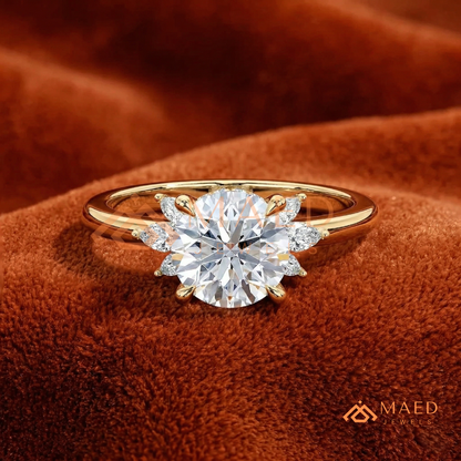Round Brilliant Cut Ring with Marquise Floral Cluster | 14k Gold, Rose Gold & Silver