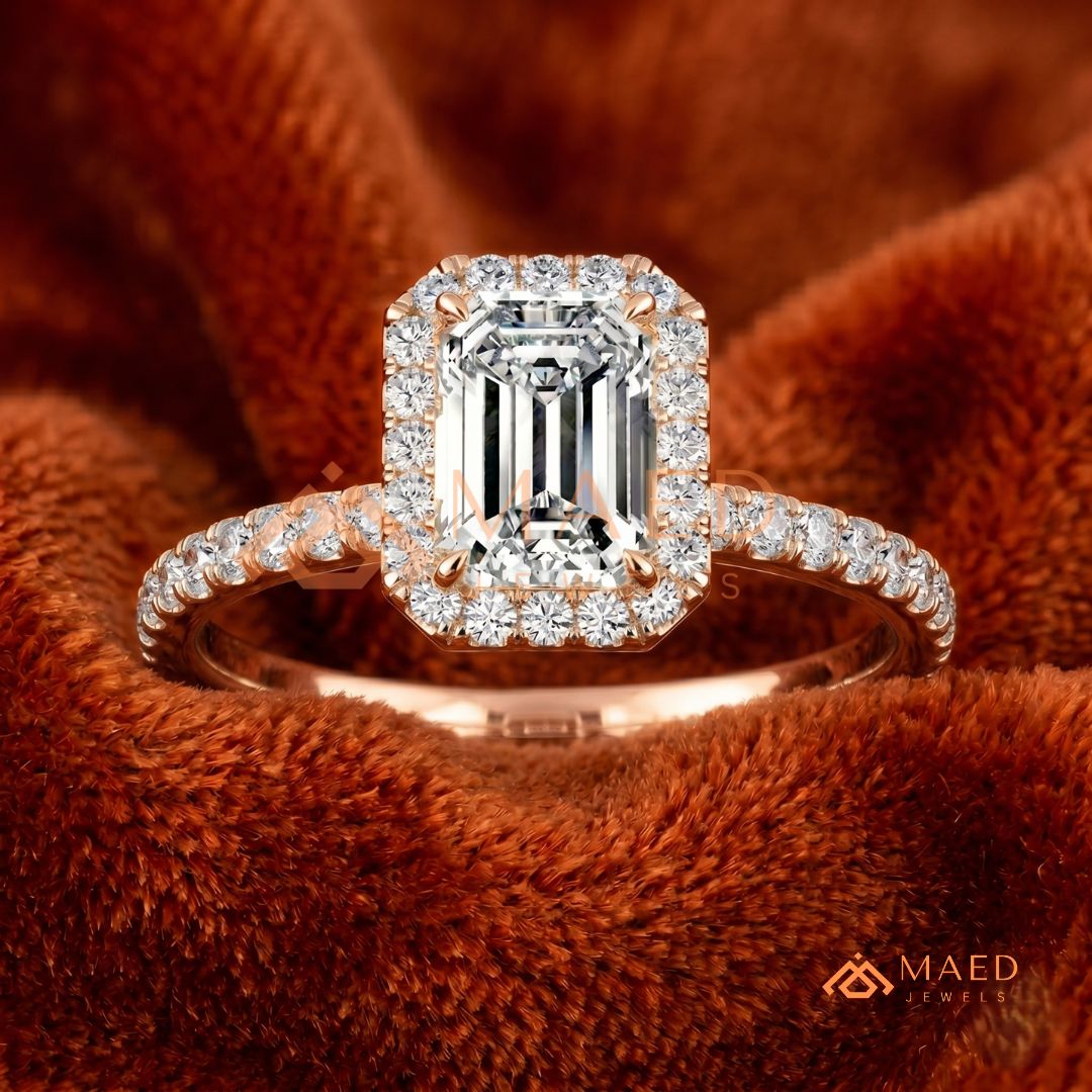 Emerald Cut Halo Engagement Ring in Sterling Silver, 14K Gold & 14K Rose Gold