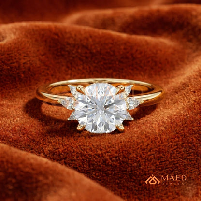 Round Brilliant Cut Ring with Marquise Floral Cluster | 14k Gold, Rose Gold & Silver