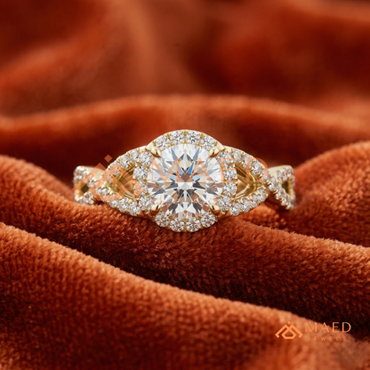 Entwined Infinity Halo Diamond Simulant Ring in 14K Yellow Gold, Rose Gold & Silver