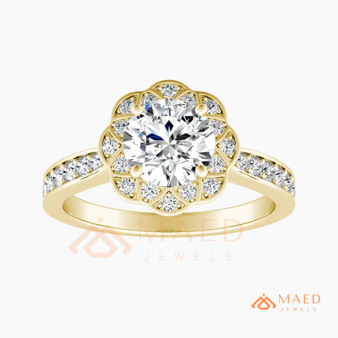 Round Cut Flower Halo Engagement Ring with Pave Band