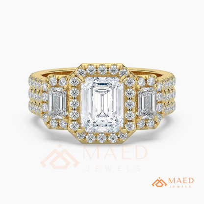 Three-Stone Emerald Cut Halo Engagement Ring | Triple Row Pave Band in 14K Gold & Silver