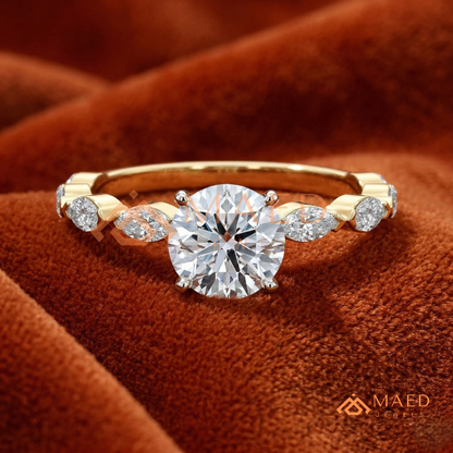 Round Cut Engagement Ring with Marquise Accent Cluster Band in 14K Gold, Rose Gold & Silver