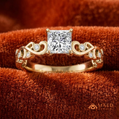 Enchanted Princess Cut Scroll Diamond Simulant Ring in 14K Yellow Gold, Rose Gold & Silver
