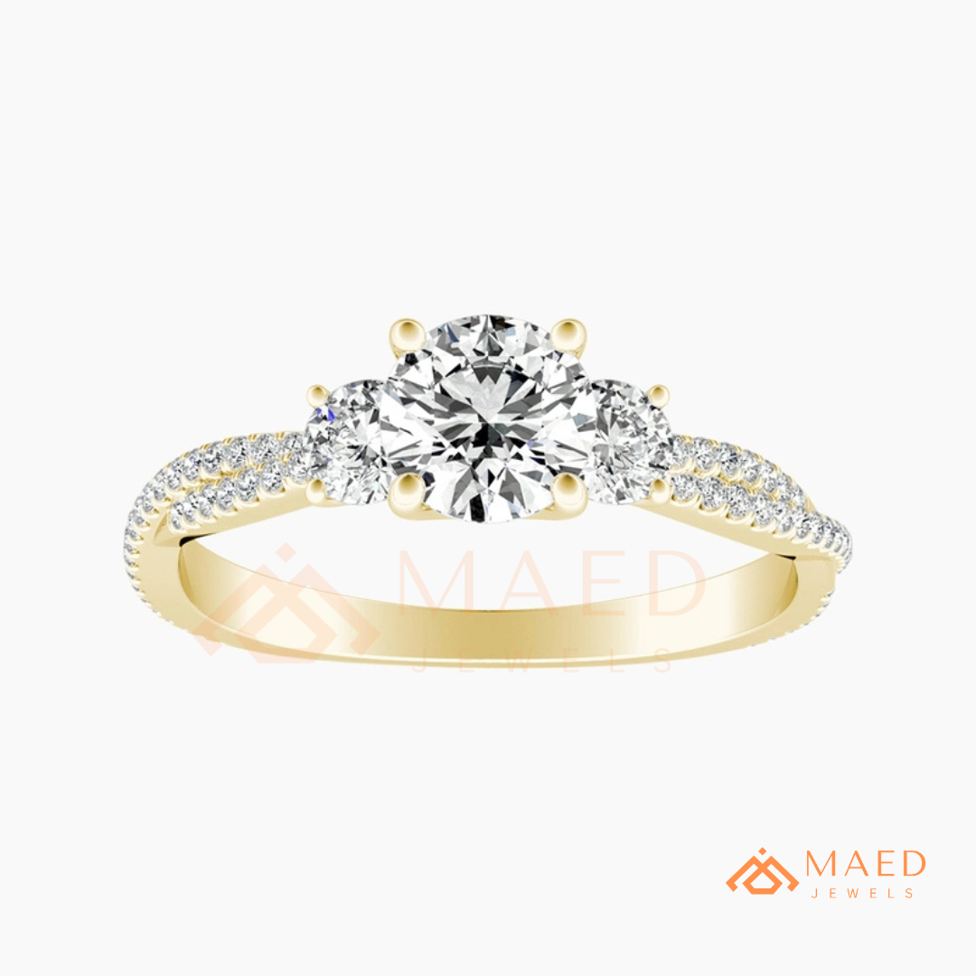 Round Cut 3-Stone Engagement Ring with Twisted Pavé Band in Silver, 14K Gold, & 14K Rose Gold