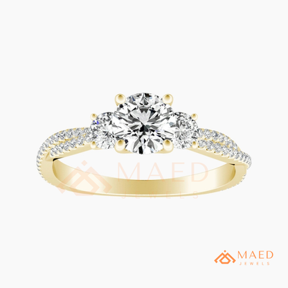Round Cut 3-Stone Engagement Ring with Twisted Pavé Band in Silver, 14K Gold, & 14K Rose Gold