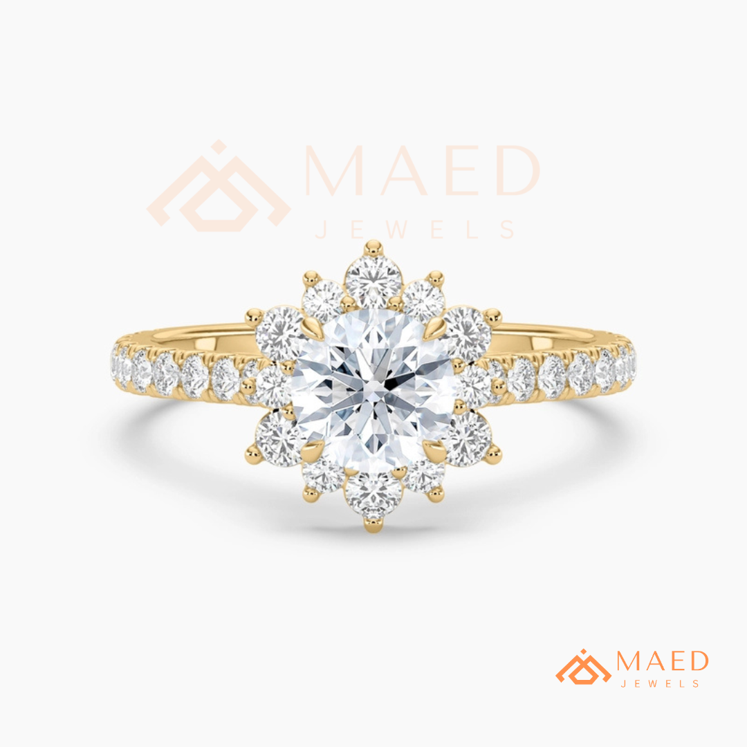 Vintage Starburst Halo Round Cut Engagement Ring with Pave Band in Silver, 14K Gold & Rose Gold