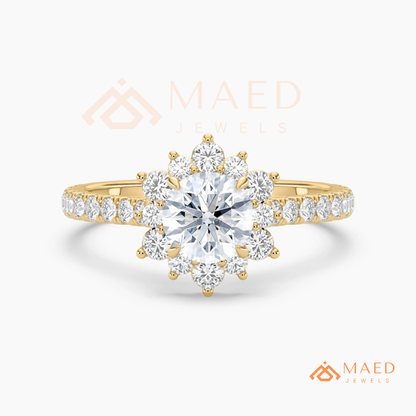 Vintage Starburst Halo Round Cut Engagement Ring with Pave Band in Silver, 14K Gold & Rose Gold