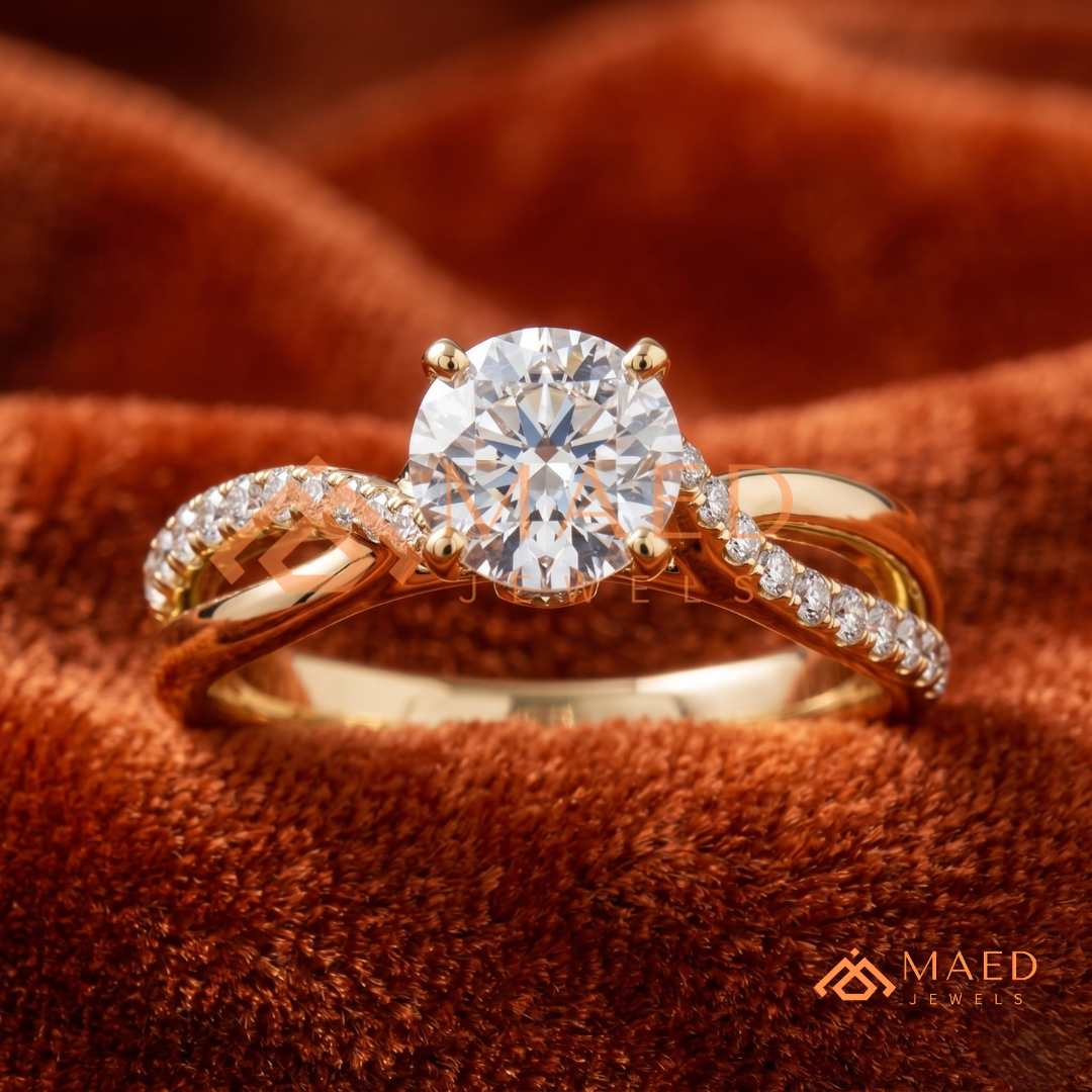 Round Cut Twisted Vine Engagement Ring in 14K Gold, Rose Gold & Sterling Silver | Infinity Pave Wedding Band