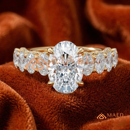 Elongated Oval Cut Engagement Ring with Oval Accent Band | 14k Gold, Rose Gold & Silver