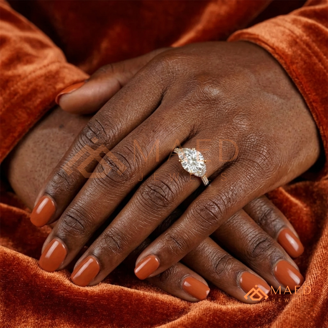 Round Brilliant and Half Moon Three Stone Ring | Multi-Row Pavé Band in 14k Gold & Silver