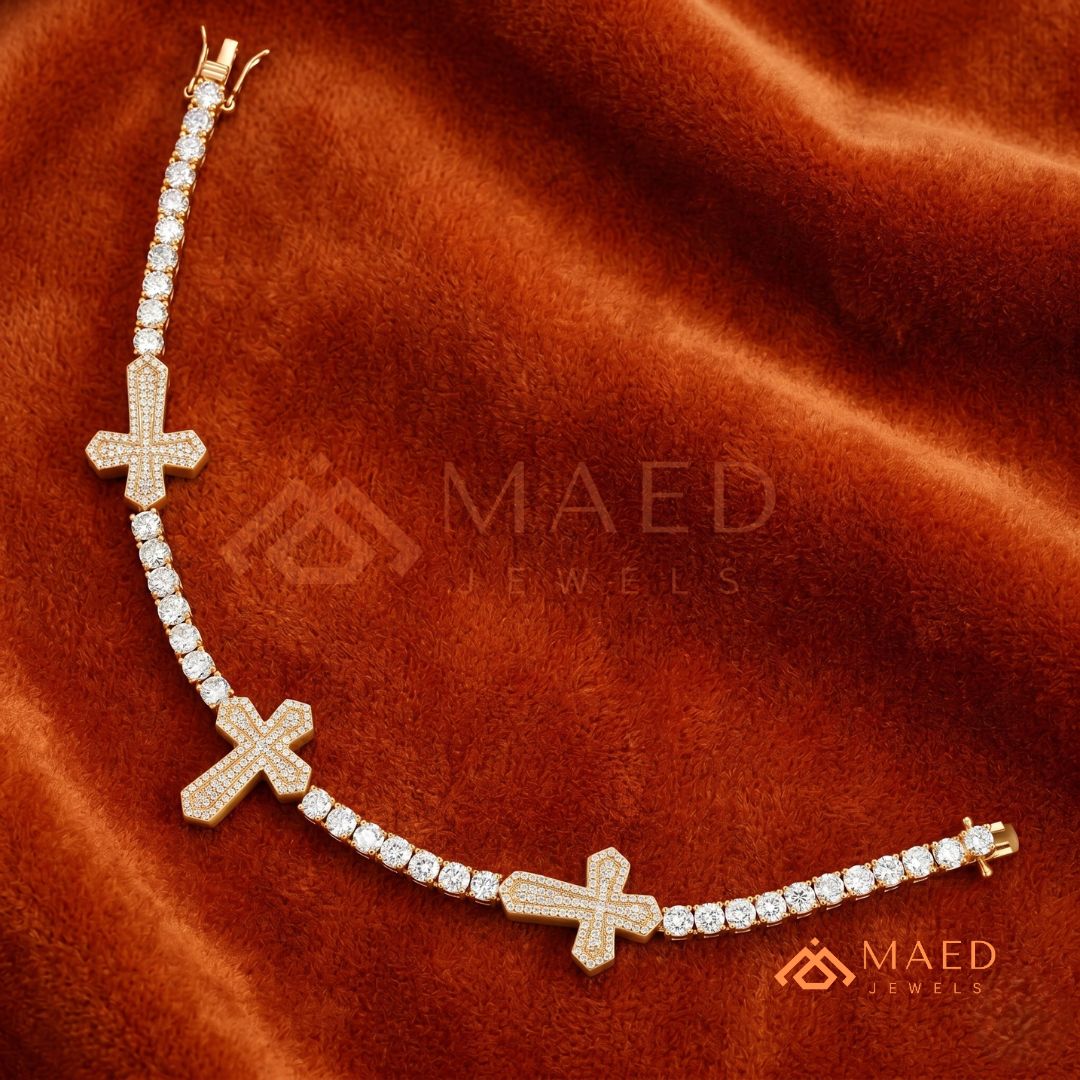 Multi-Cross Iced Tennis Bracelet – Sterling Silver, Gold & Rose Gold