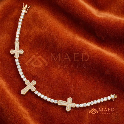 Multi-Cross Iced Tennis Bracelet – Sterling Silver, Gold & Rose Gold