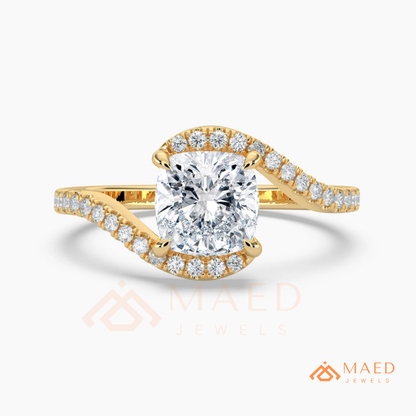 Cushion Cut Moissanite Bypass Halo Engagement Ring in Sterling Silver, 14K White Gold & Rose Gold | Criss Cross Diamond Simulant Wedding Ring