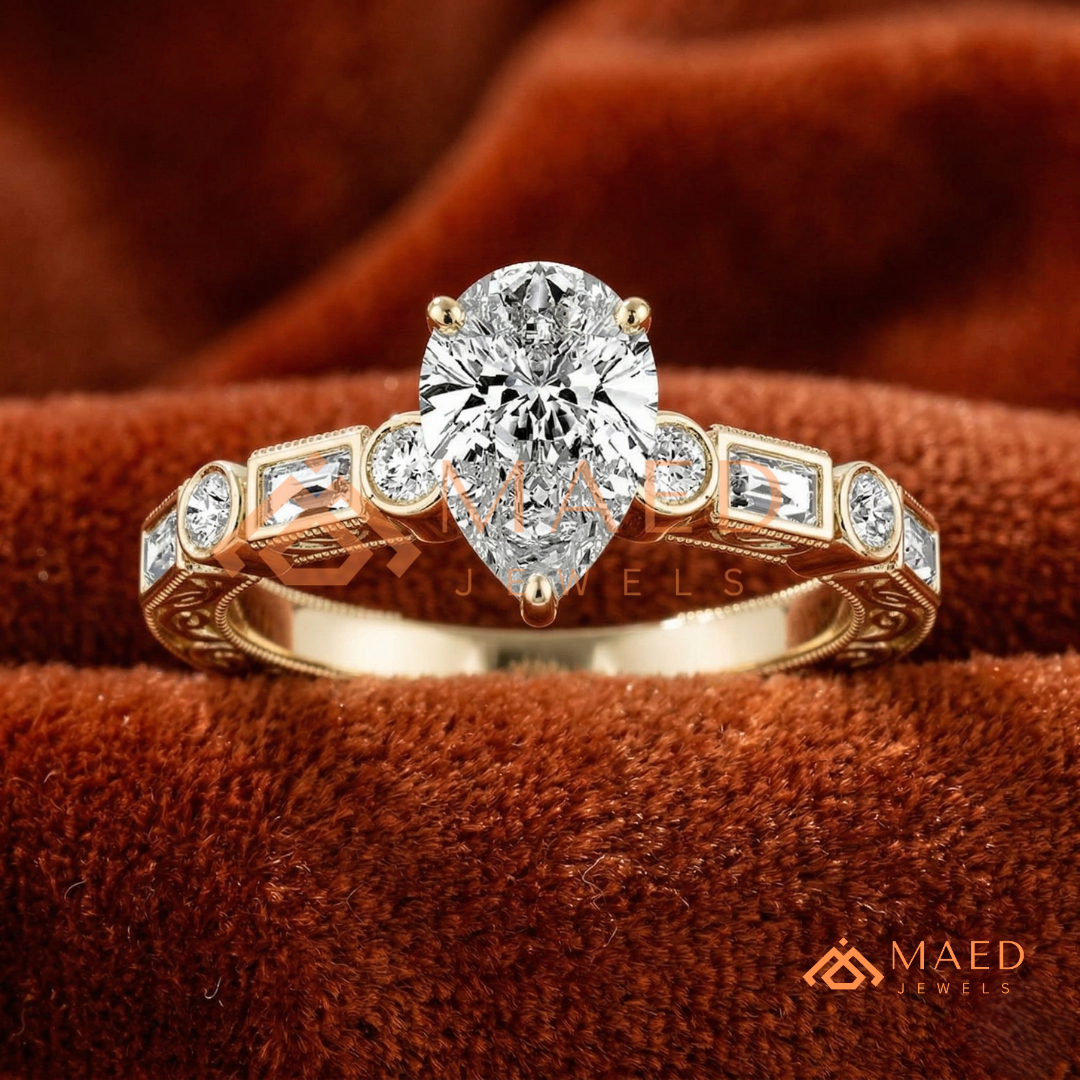 Vintage Pear Cut Multi-Stone Engagement Ring | 14K Gold, Rose Gold & Silver
