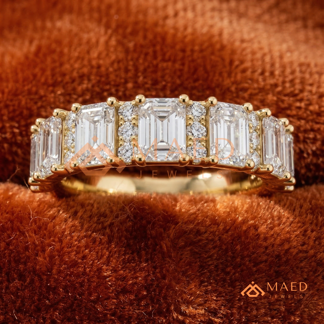 Alternating Emerald and Round Cut Half Eternity Ring – Modern Vintage Wedding Band