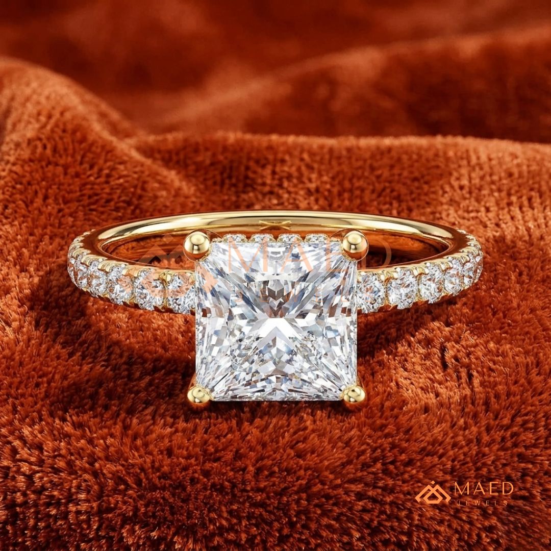 Classic Princess Cut Solitaire Engagement Ring with Hidden Halo and Pave Band in Silver, 14K Gold & Rose Gold
