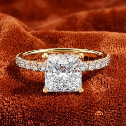 Classic Princess Cut Solitaire Engagement Ring with Hidden Halo and Pave Band in Silver, 14K Gold & Rose Gold
