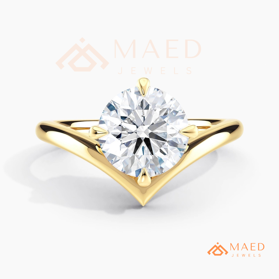 Round Cut Chevron Engagement Ring | V-Shaped Band Solitaire in Silver, 14K Gold, & 14K Rose Gold