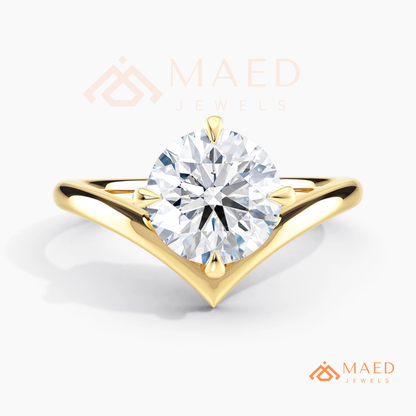 Round Cut Chevron Engagement Ring | V-Shaped Band Solitaire in Silver, 14K Gold, & 14K Rose Gold