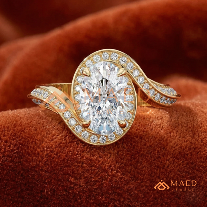 Oval Cut Bypass Halo Engagement Ring | Swirl Pavé Band in 14k Gold, Rose Gold & Silver