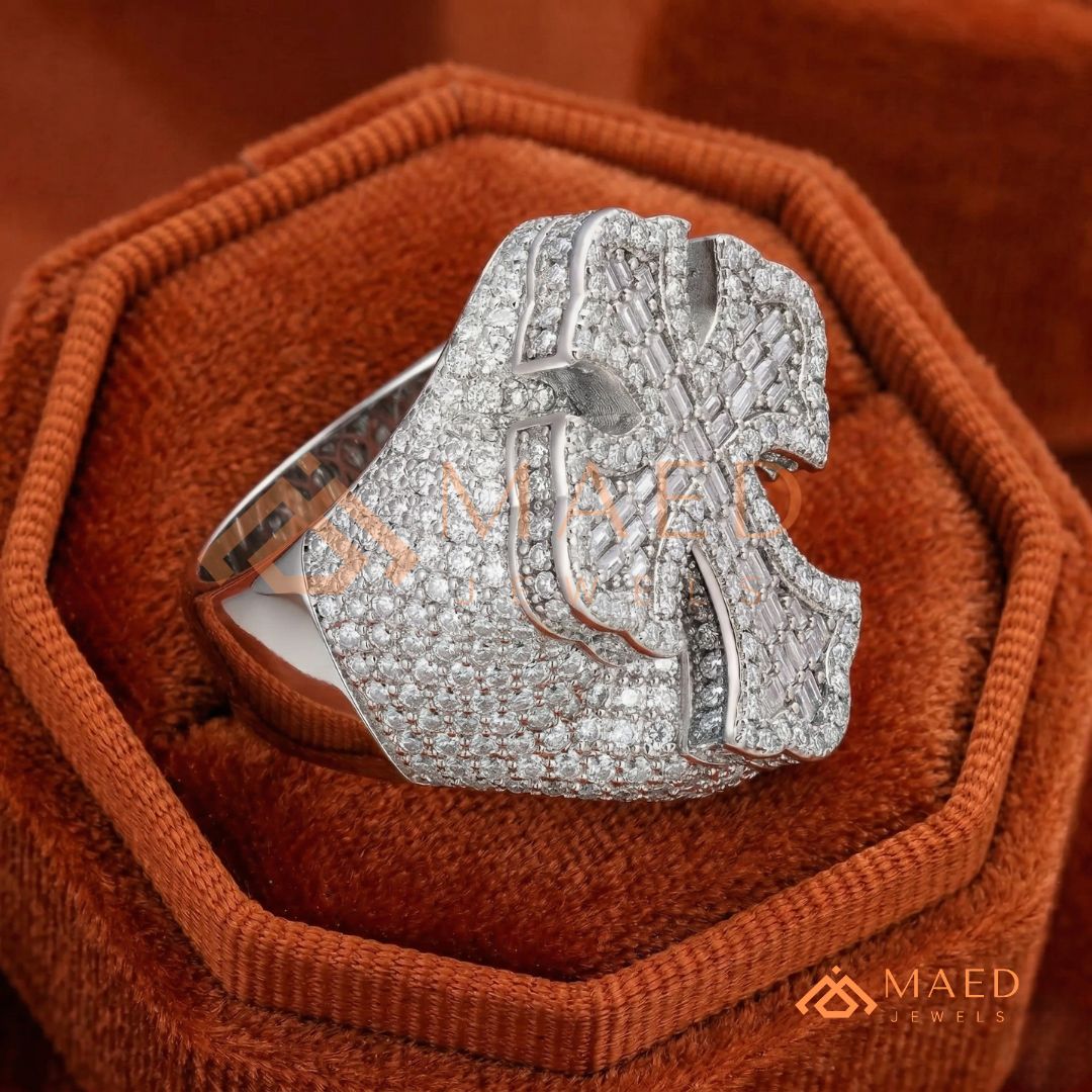 Heavy Iced-Out Baguette Cross Statement Ring – 925 Silver, 14K Gold & Rose Gold