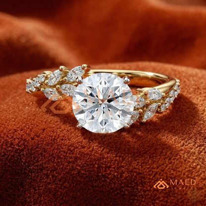 Round Cut Moissanite Nature Inspired Engagement Ring in 925 Sterling Silver, 14K Gold & 14K Rose Gold | Marquise Leaf Cluster Twisting Wedding Ring