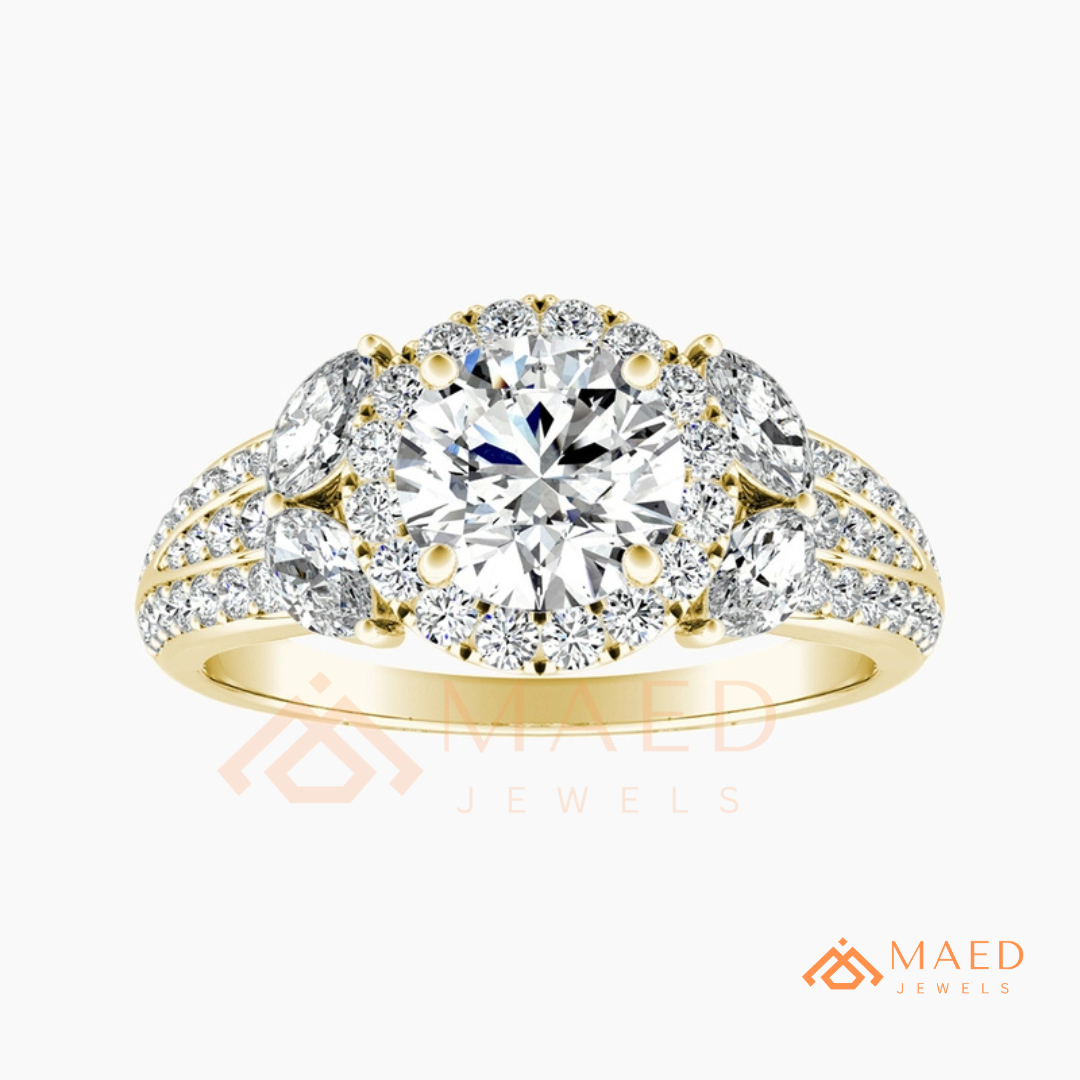 Radiant Halo Engagement Ring with Marquise Side Stones & Pavé Band