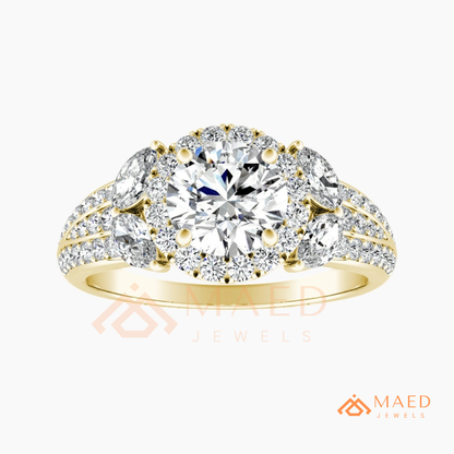 Radiant Halo Engagement Ring with Marquise Side Stones & Pavé Band