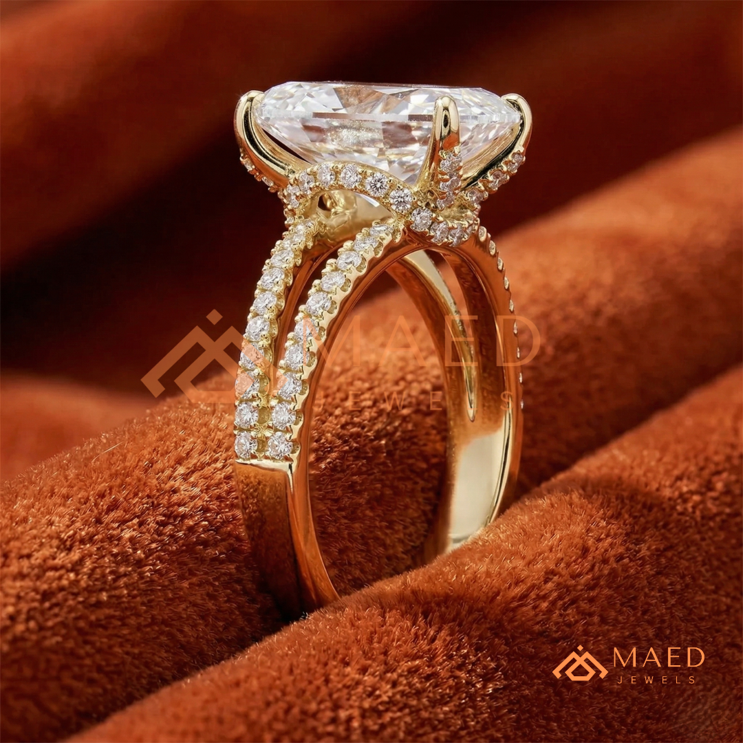 Nature-Inspired Radiant Cut Three-Stone Engagement Ring with Thorn Band in Silver, 14K Gold & Rose Gold