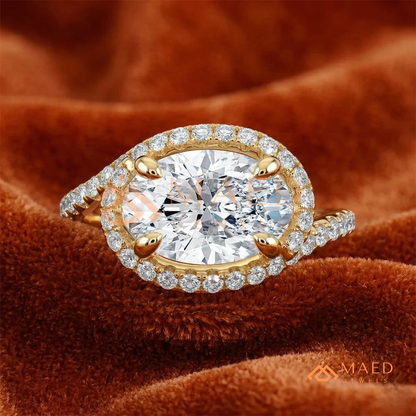 East-West Oval Cut Halo Engagement Ring | Bypass Pavé Band in 14K Gold, Rose Gold & Sterling Silver