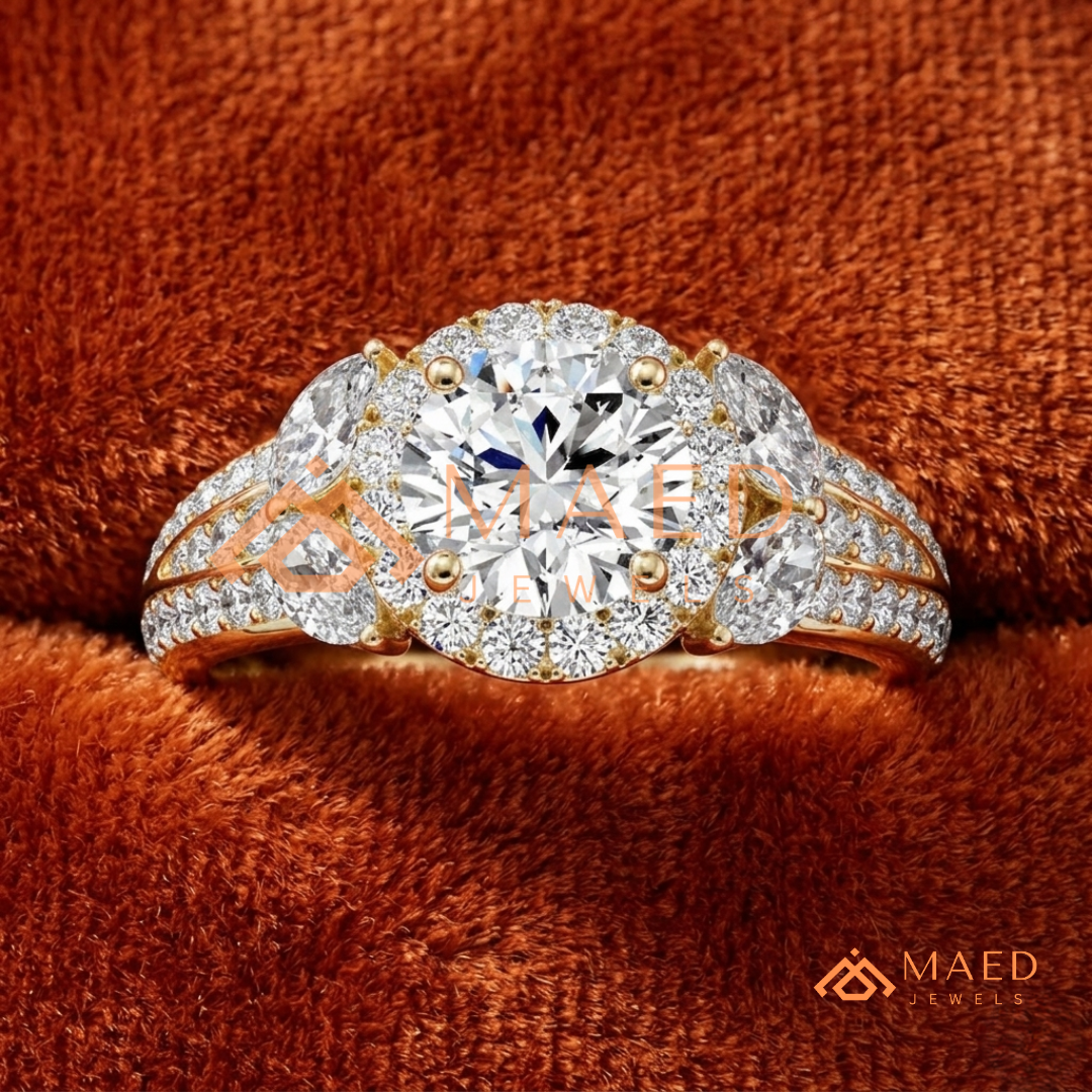 Radiant Halo Engagement Ring with Marquise Side Stones & Pavé Band
