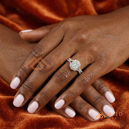 Emerald Cut Starburst Halo Engagement Ring | Split Shank Band in 14k Gold, Rose Gold & Silver