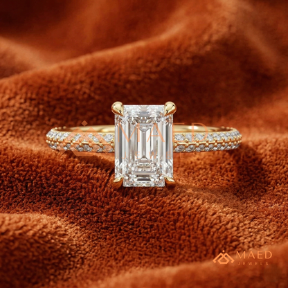 Emerald Cut Engagement Ring with Multi-Row Pavé Band in Silver, 14K Gold, & 14K Rose Gold