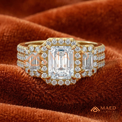 Three-Stone Emerald Cut Halo Engagement Ring | Triple Row Pave Band in 14K Gold & Silver