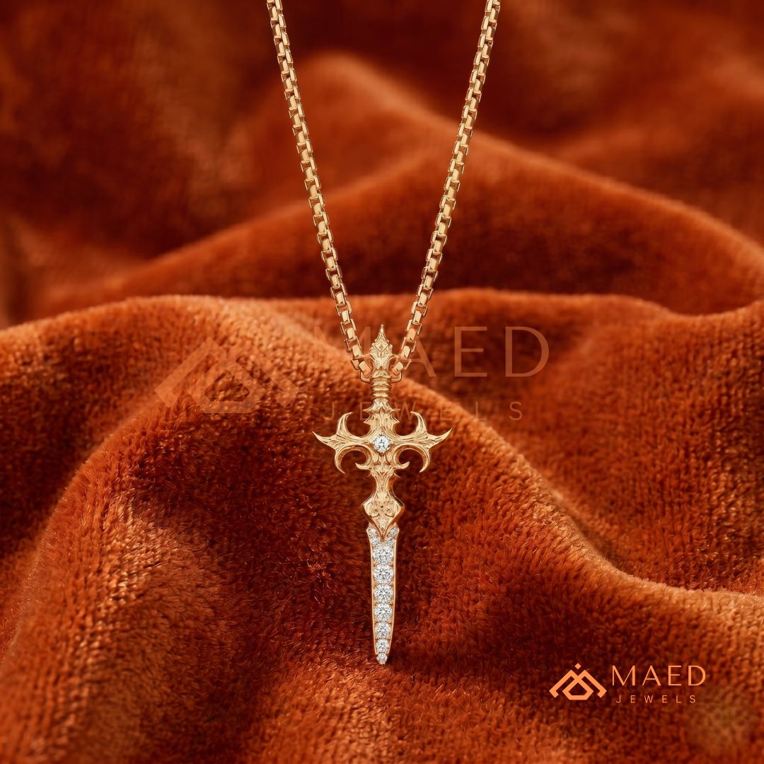 Gothic Dagger Cross Pendant Necklace in Sterling Silver, 14K Gold & Rose Gold