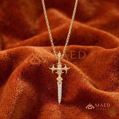 Gothic Dagger Cross Pendant Necklace in Sterling Silver, 14K Gold & Rose Gold